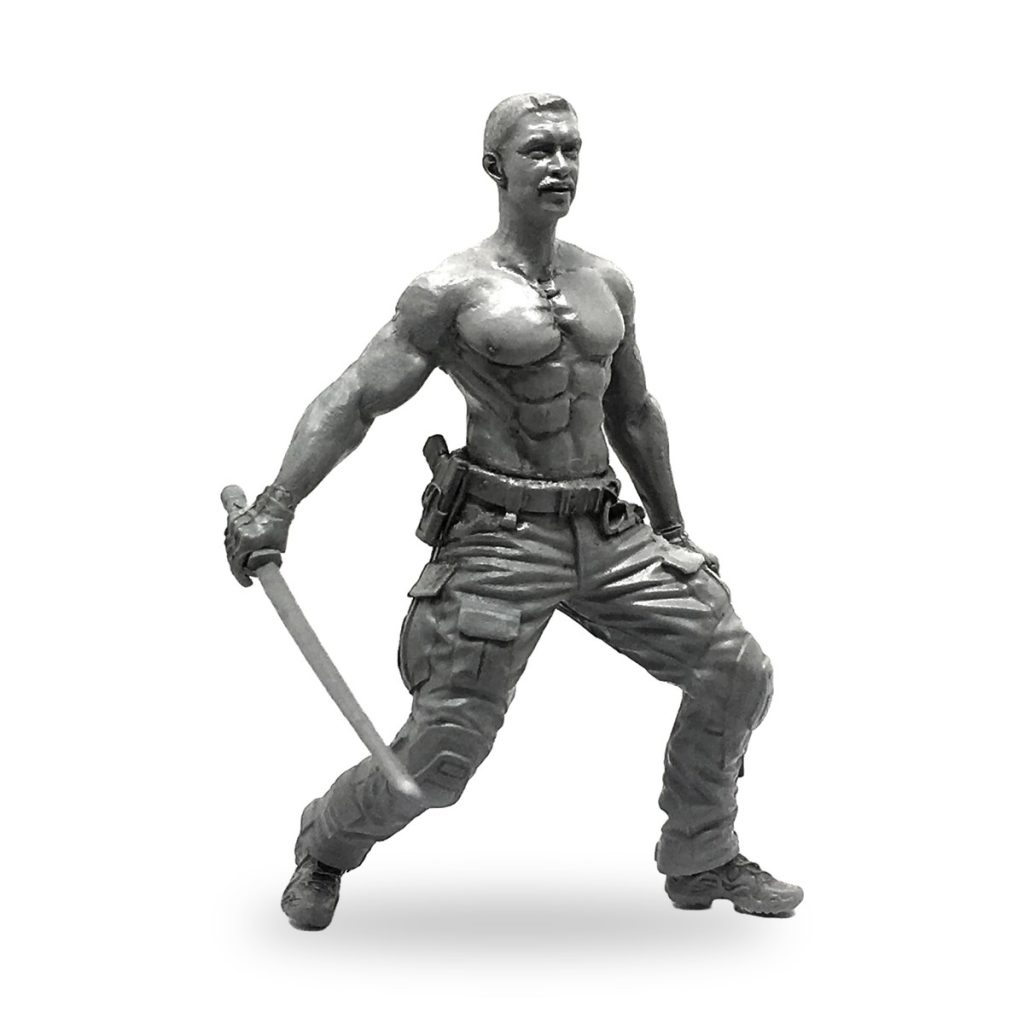 Unpainted 1/35 US Army soldier figure holding combat sword in dynamic pose.