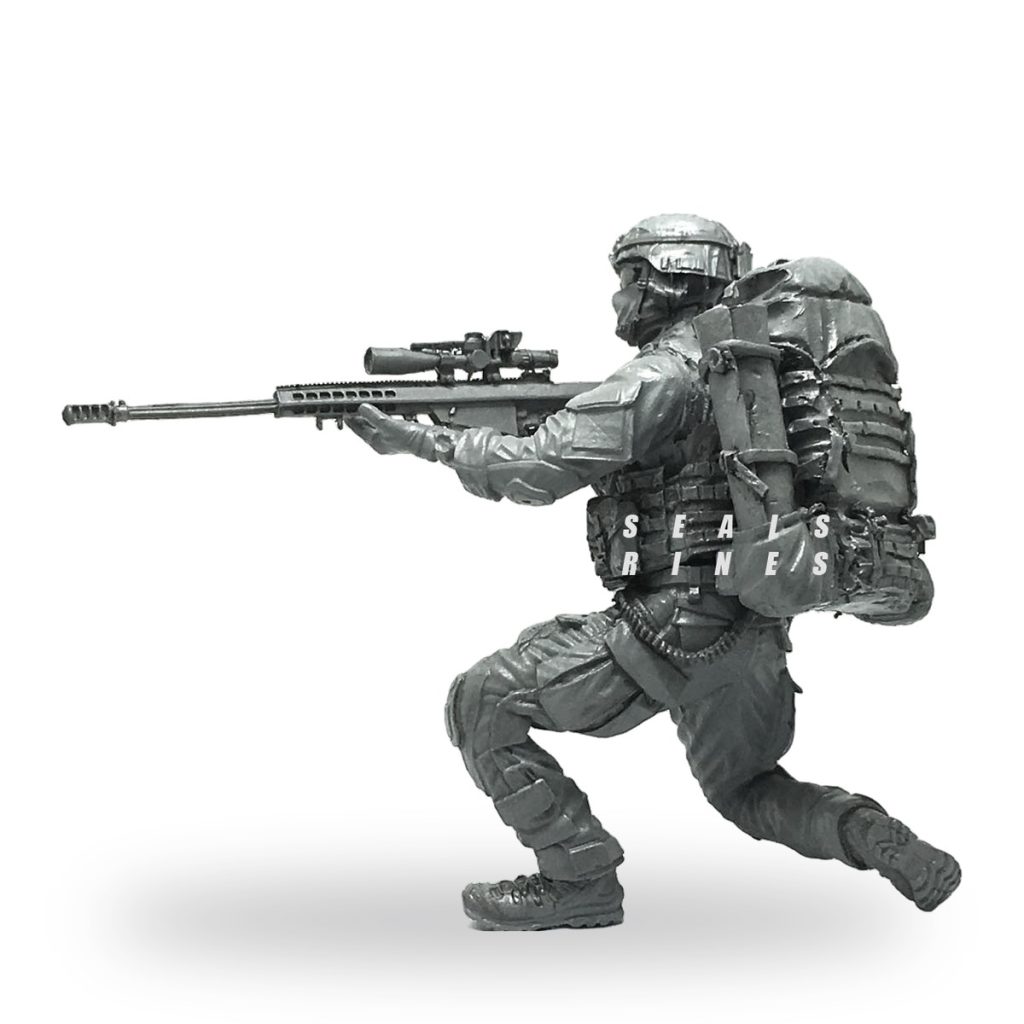Unpainted 1/35 US Special Forces soldier in tactical gear holding sniper rifle.
