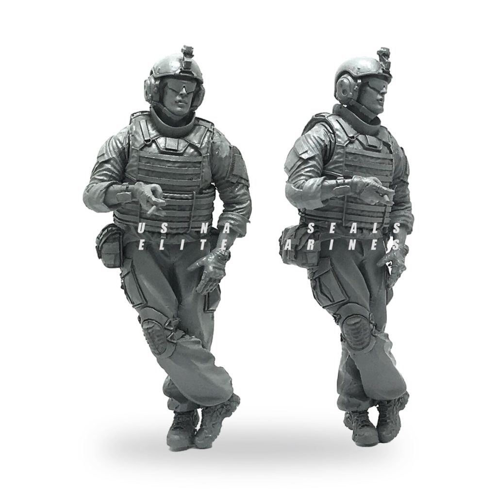 Unpainted 1/35 scale modern soldier figure in tactical gear smoking.