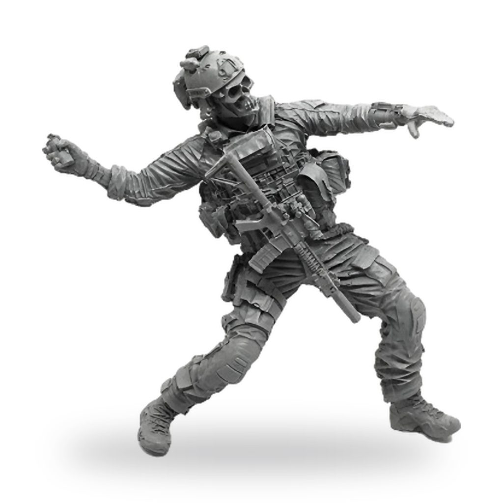 Unpainted 1/35 Special Forces soldier with skull mask holding grenade and rifle.