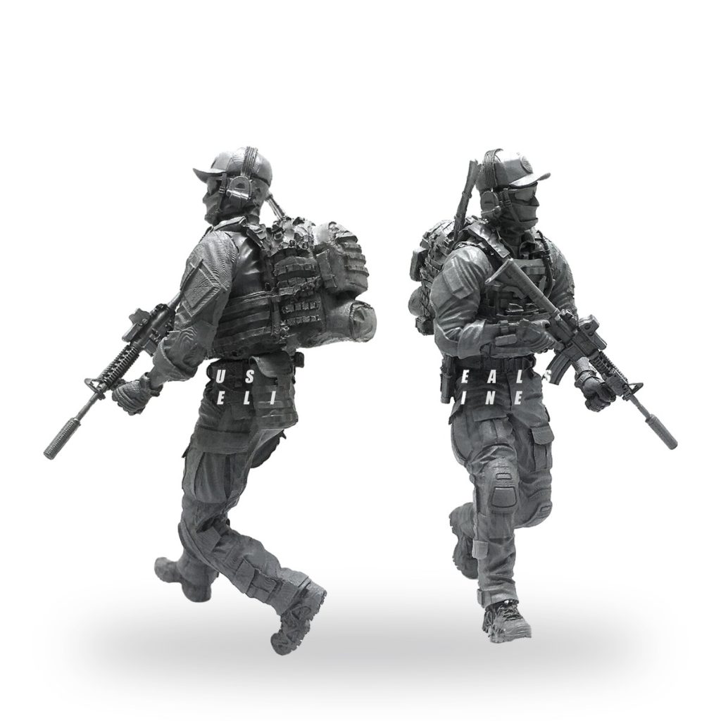 Unpainted US Navy SEAL soldier action figure in tactical gear with rifle.