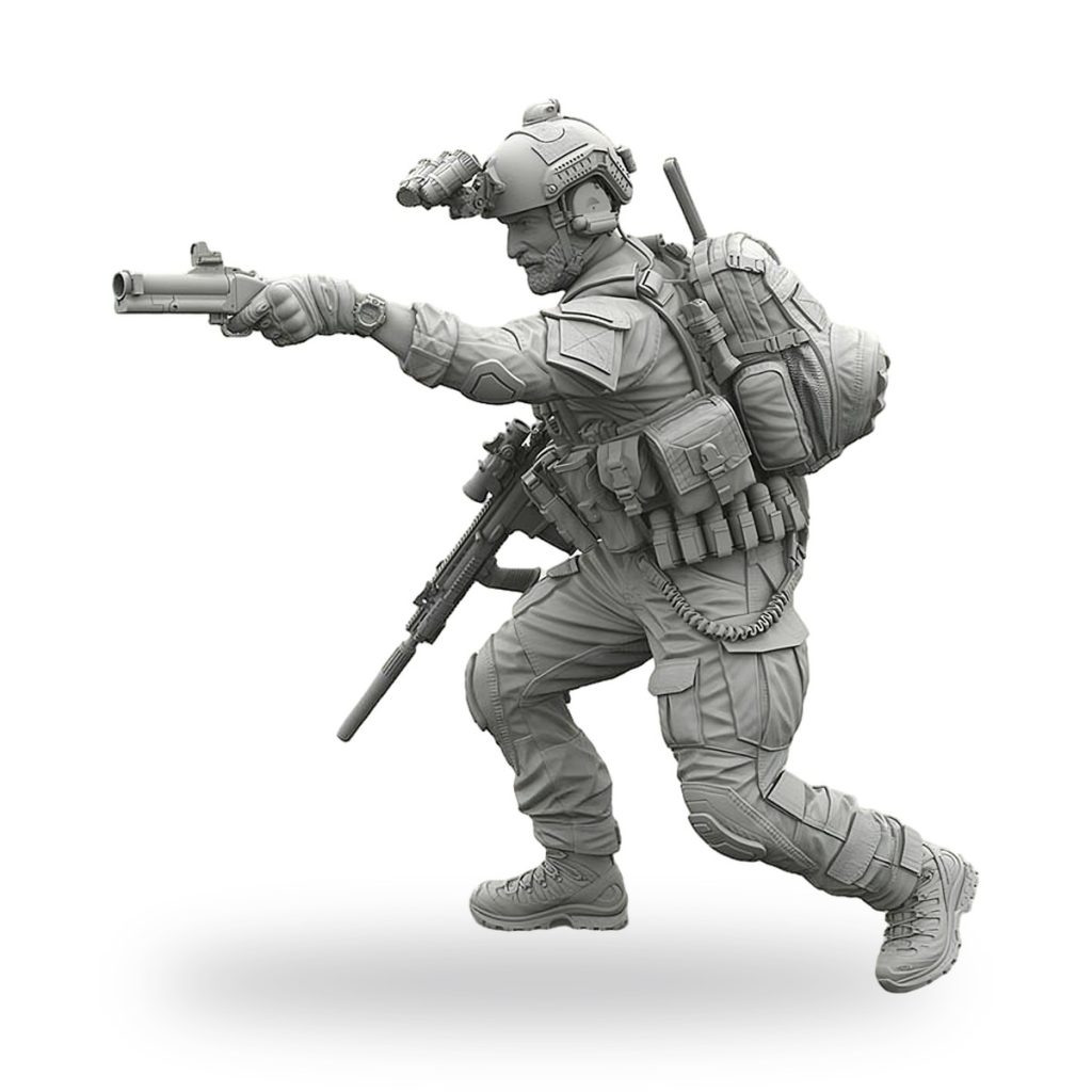 Unpainted 1/35 scale modern soldier figure in tactical gear holding pistol and rifle.