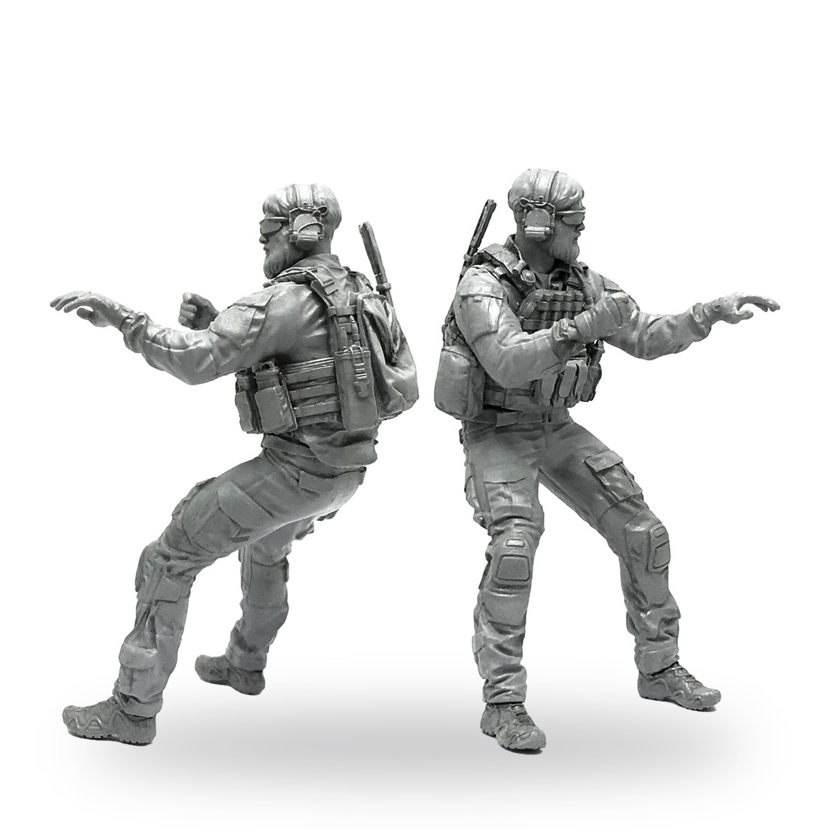 Unpainted US soldier figure in tactical gear with backpack and rifle.