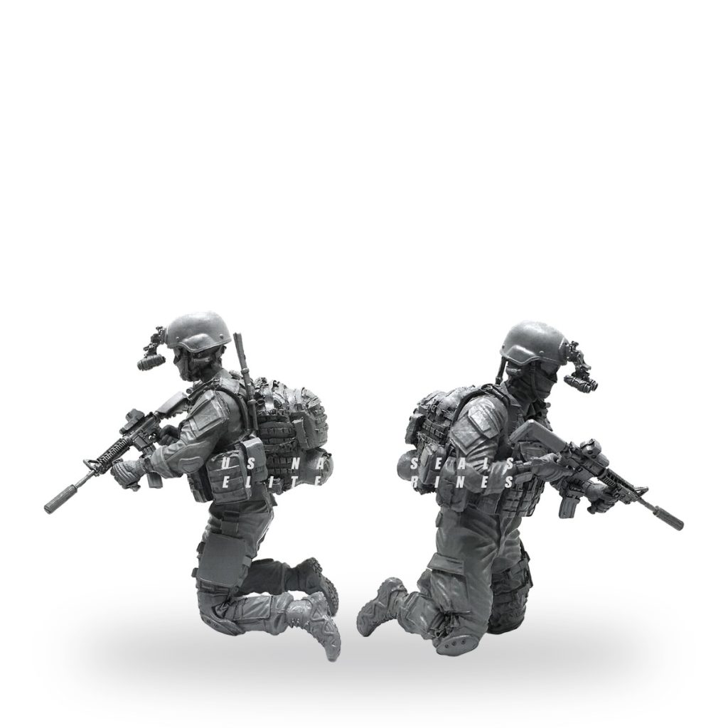 Unpainted US Special Forces sniper figures in tactical gear with rifles.