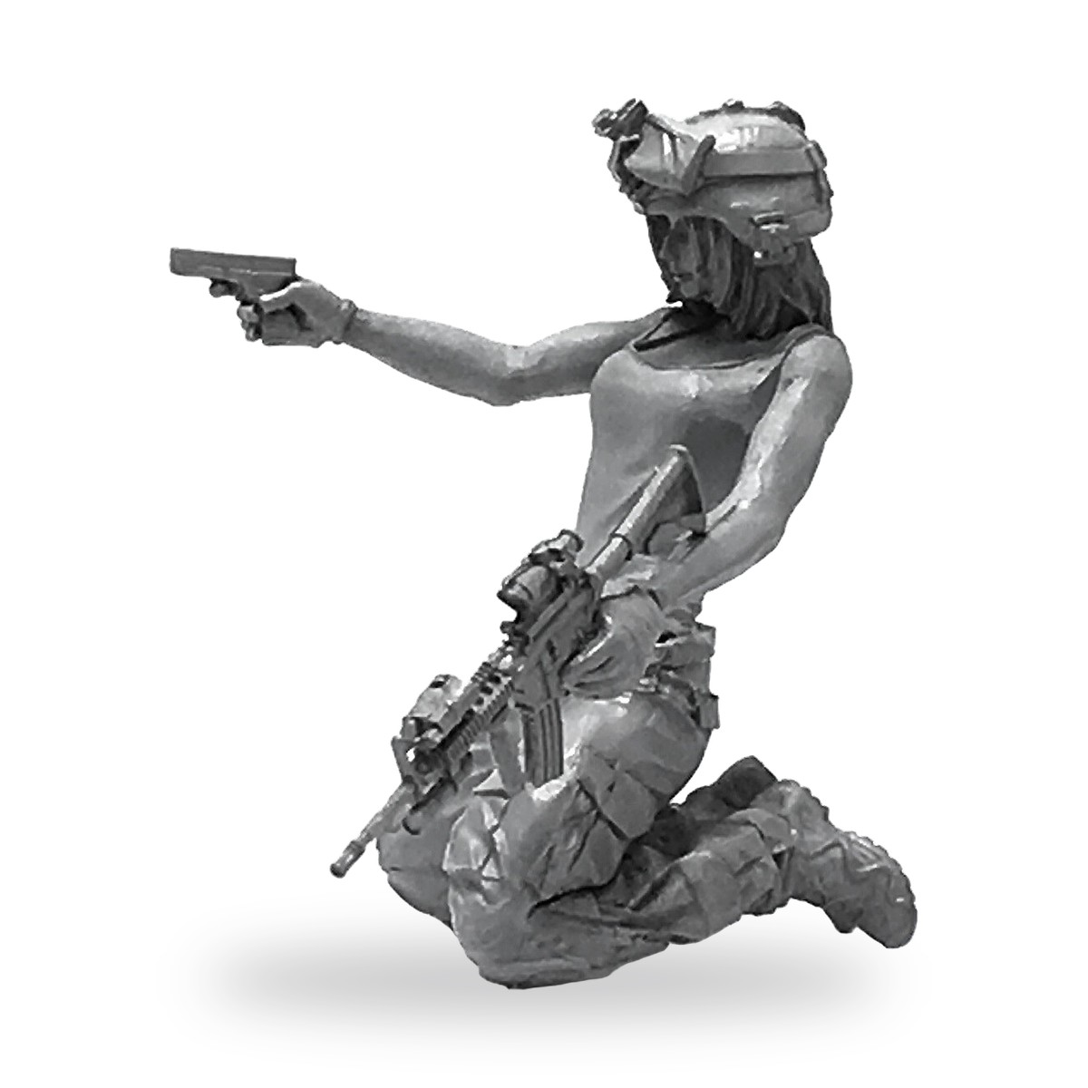 Unpainted US female soldier kneeling with pistol and rifle in tactical gear.