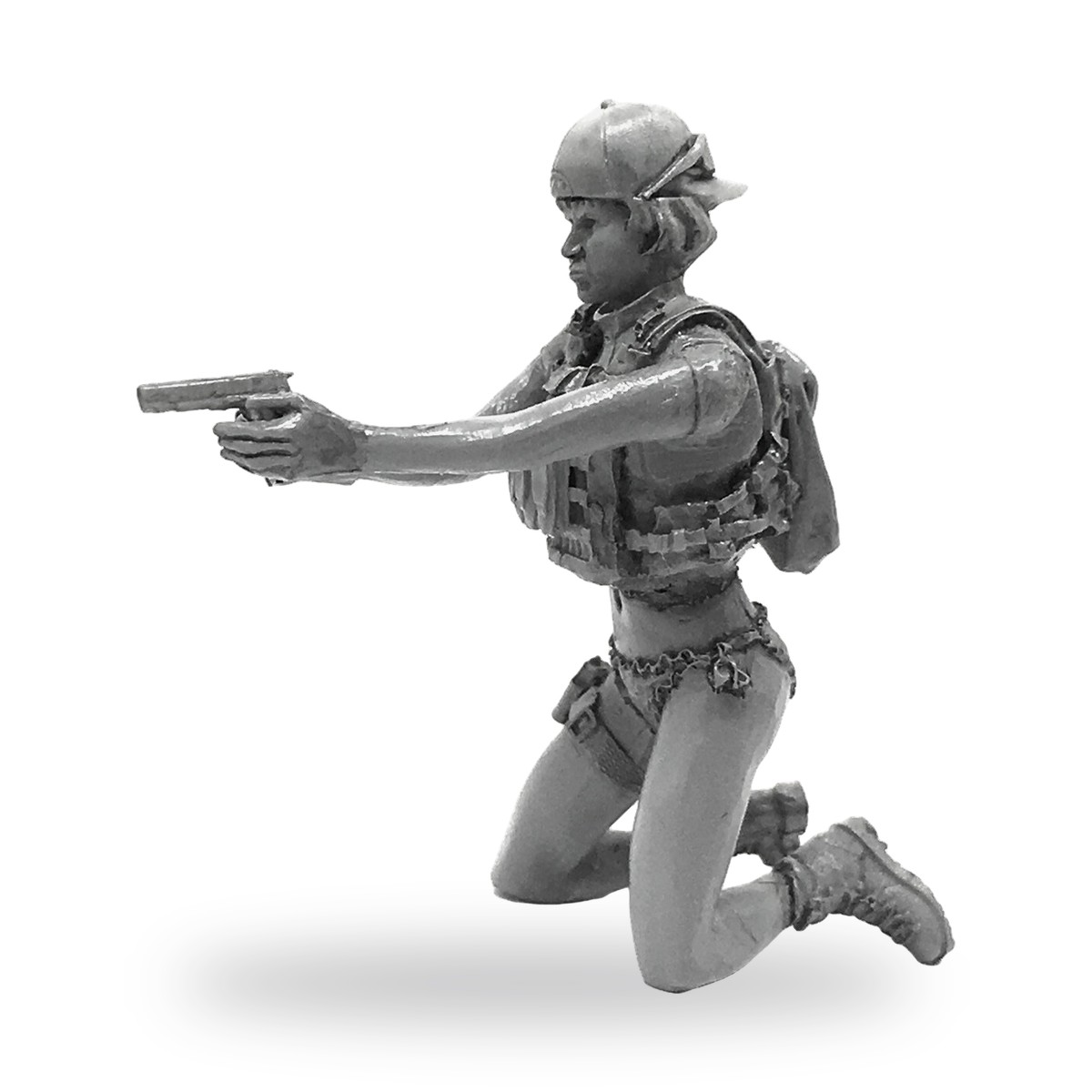 Unpainted female soldier in tactical gear kneeling and aiming pistol.