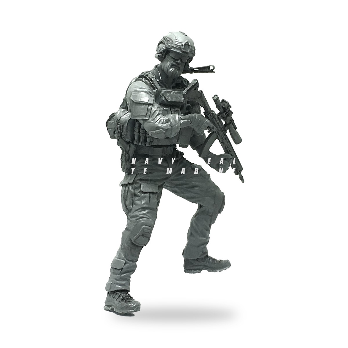 Unpainted US Navy SEAL special ops soldier figure in combat gear holding rifle.