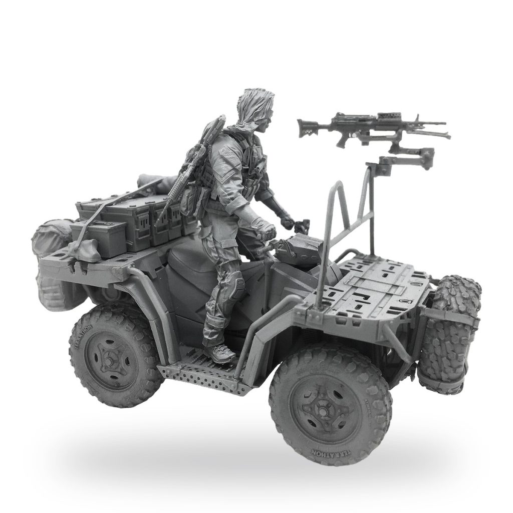 Unpainted 1/35 scale female US SEAL soldier on military ATV with weapons and gear.