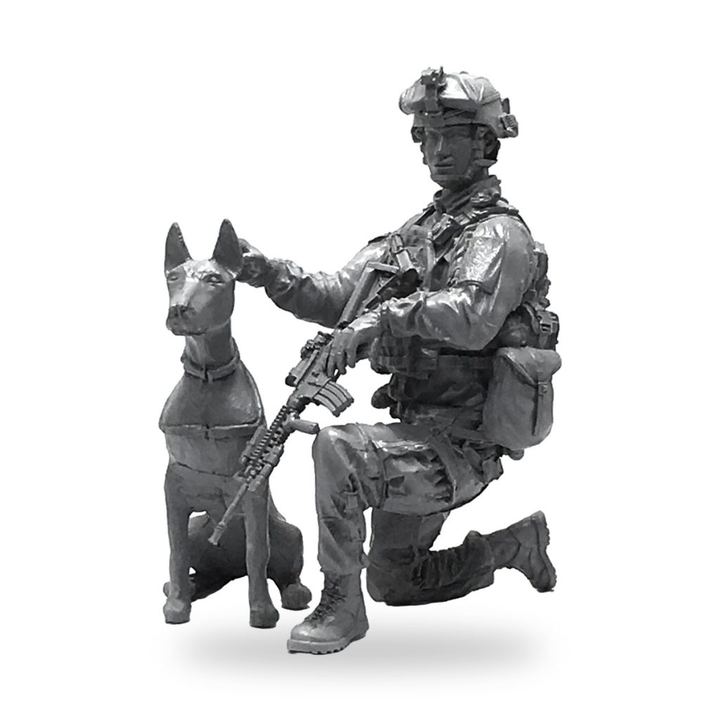 Unpainted US Marine soldier kneeling with K9 dog figure in tactical gear.