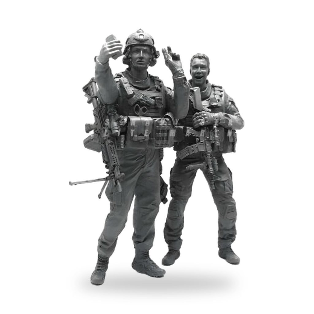 Unpainted 1/35 scale US Navy SEAL figures taking selfies with rifles.