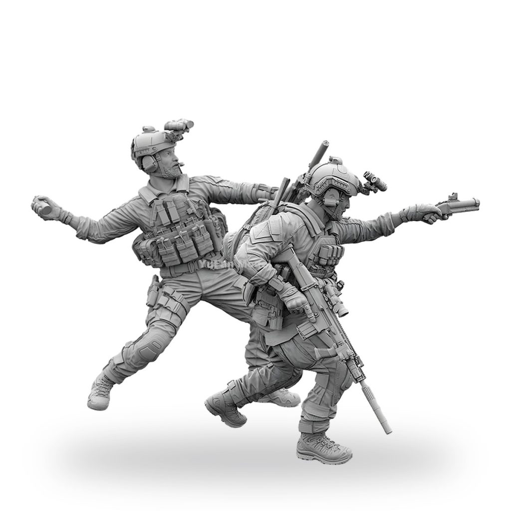 Unpainted US Navy SEAL smoke grenade and carabiner resin model figures in action pose.