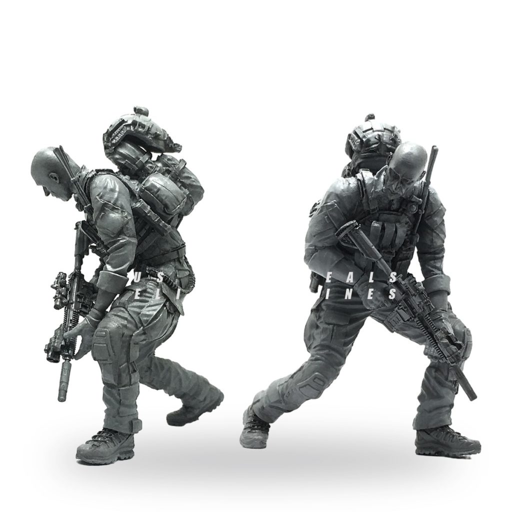 Unpainted US Navy SEAL soldier in tactical gear with rifle and backpack.