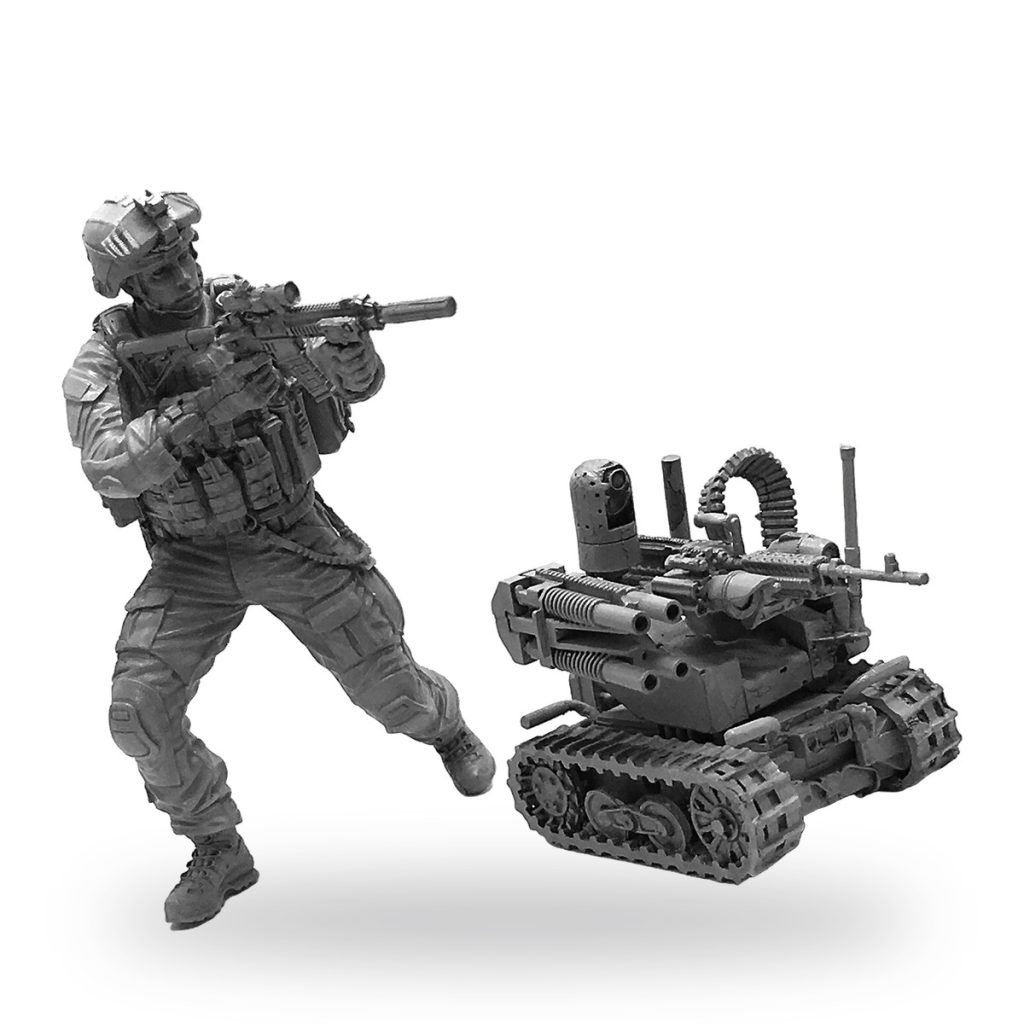 Unpainted US Special Ops soldier and robot tank figure model kit.