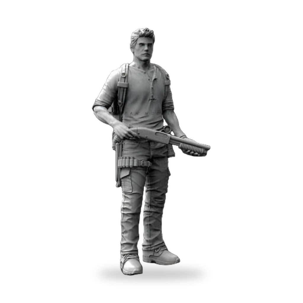 Unpainted 1/35 armed civilian militia figure holding rifle with tactical gear.