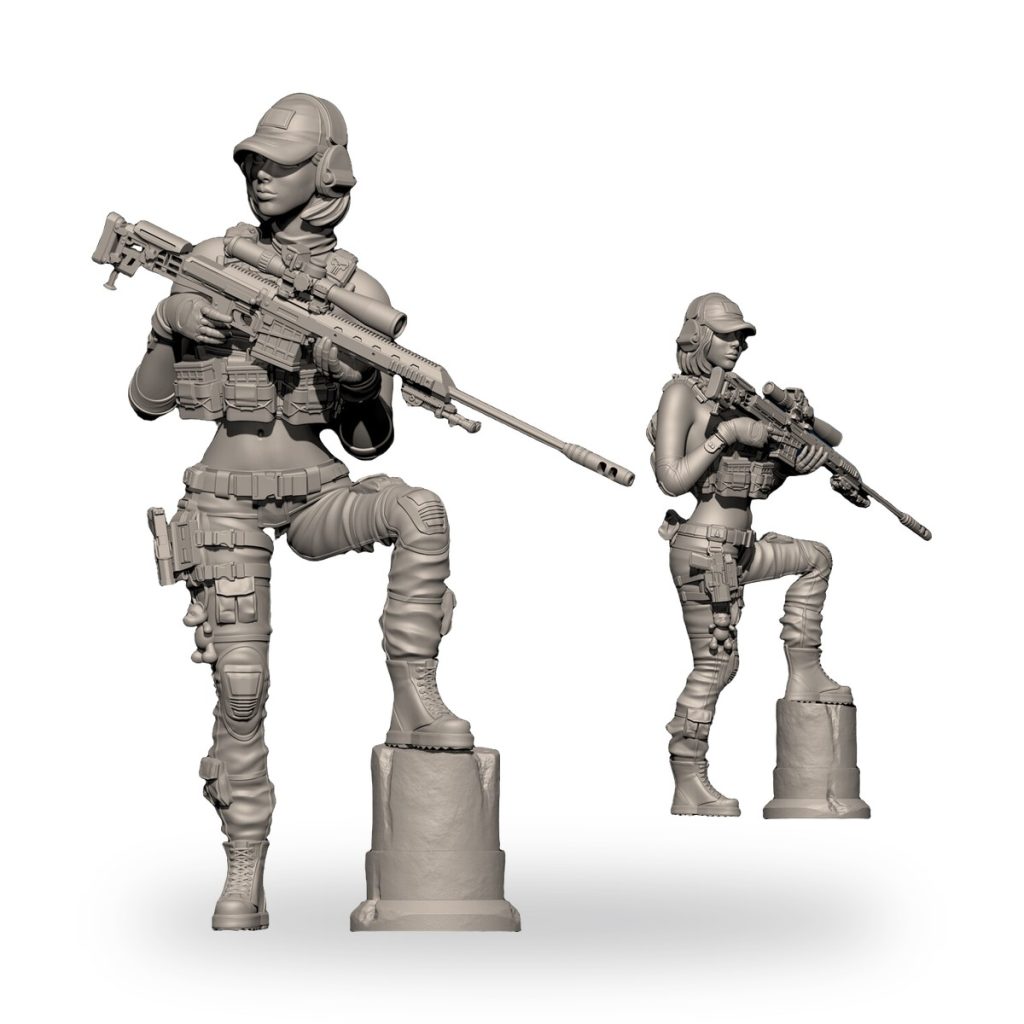Unpainted female sniper figure in tactical gear holding rifle on pedestal.