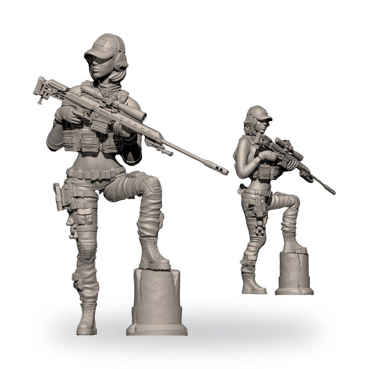 Unpainted female sniper figure in tactical gear holding rifle on pedestal.