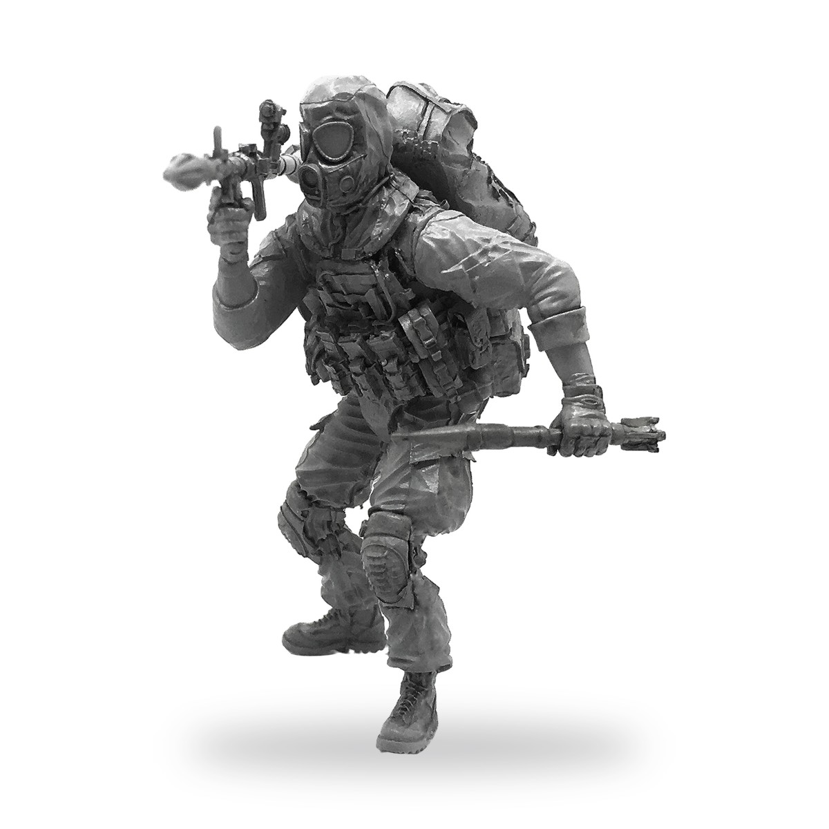 Unpainted 1/35 Special Forces soldier with RPG rocket launcher and gas mask.