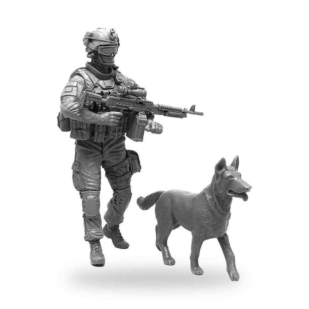Unpainted 1/35 scale soldier and K9 dog military figure model kit.