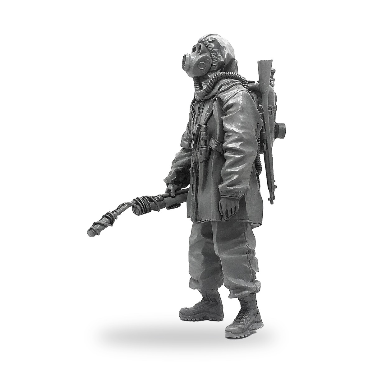 Unpainted US Army soldier with flamethrower and gas mask in Vietnam War gear.