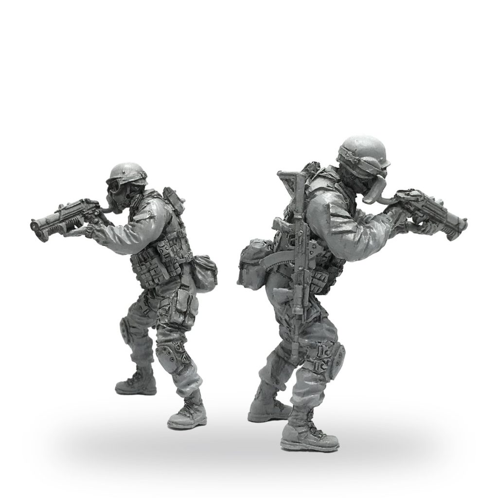 Unpainted 1/35 scale Russian soldier figure with assault rifle and tactical gear.