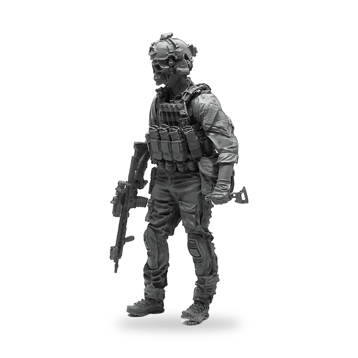 Unpainted 1/35 scale modern soldier in full battle gear with skull helmet and rifle.