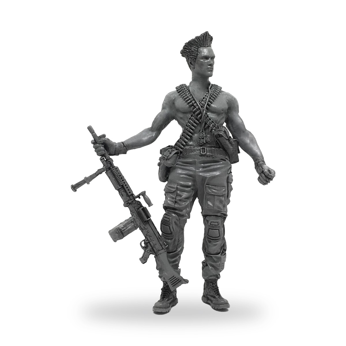 Unpainted resin figure of modern soldier with machine gun and bandolier.