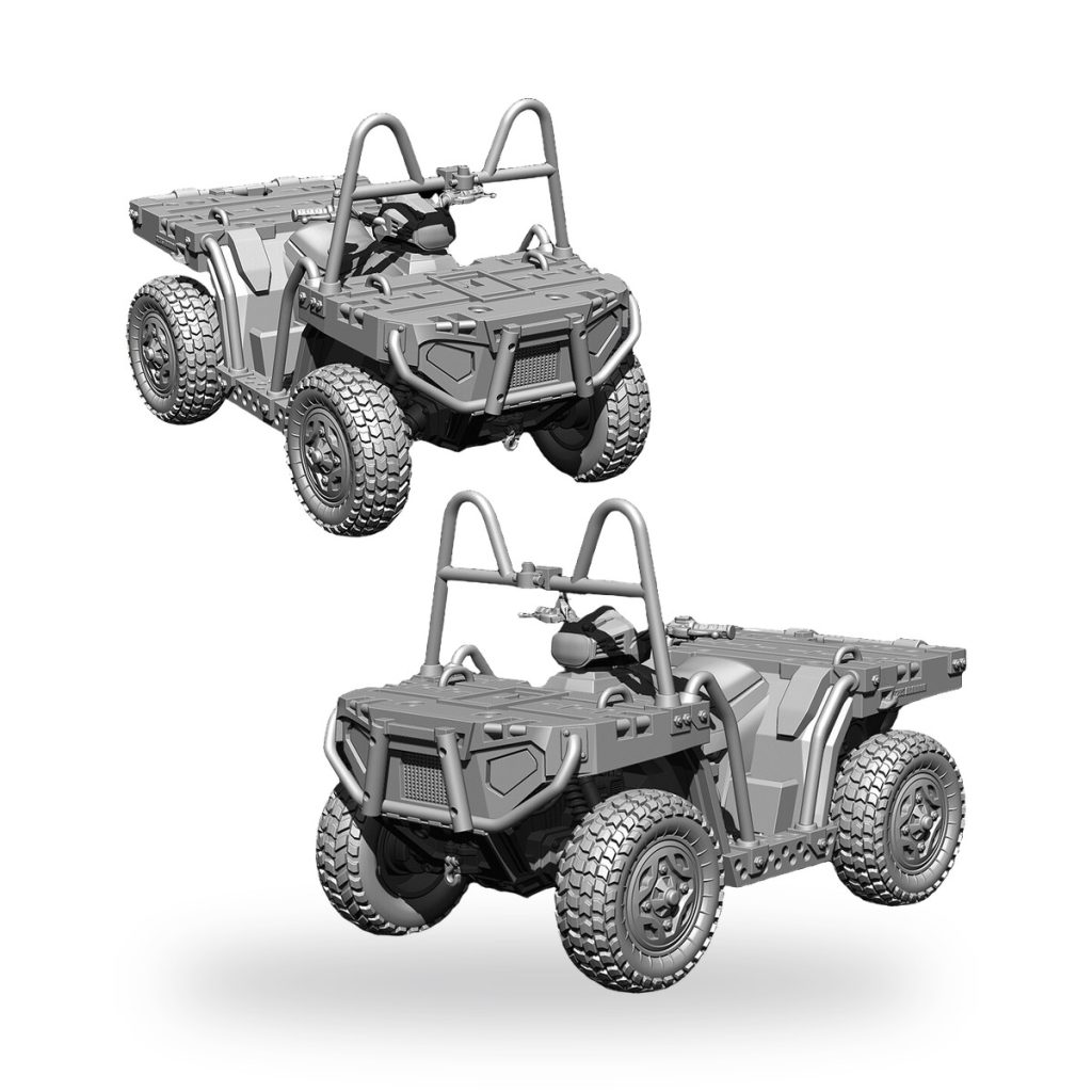 Unpainted US military ATV miniature in two views.