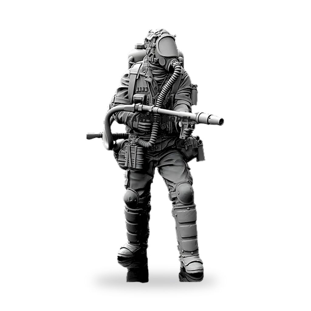 Unpainted 1/35 scale modern soldier flamethrower figure in tactical gear holding weapon.