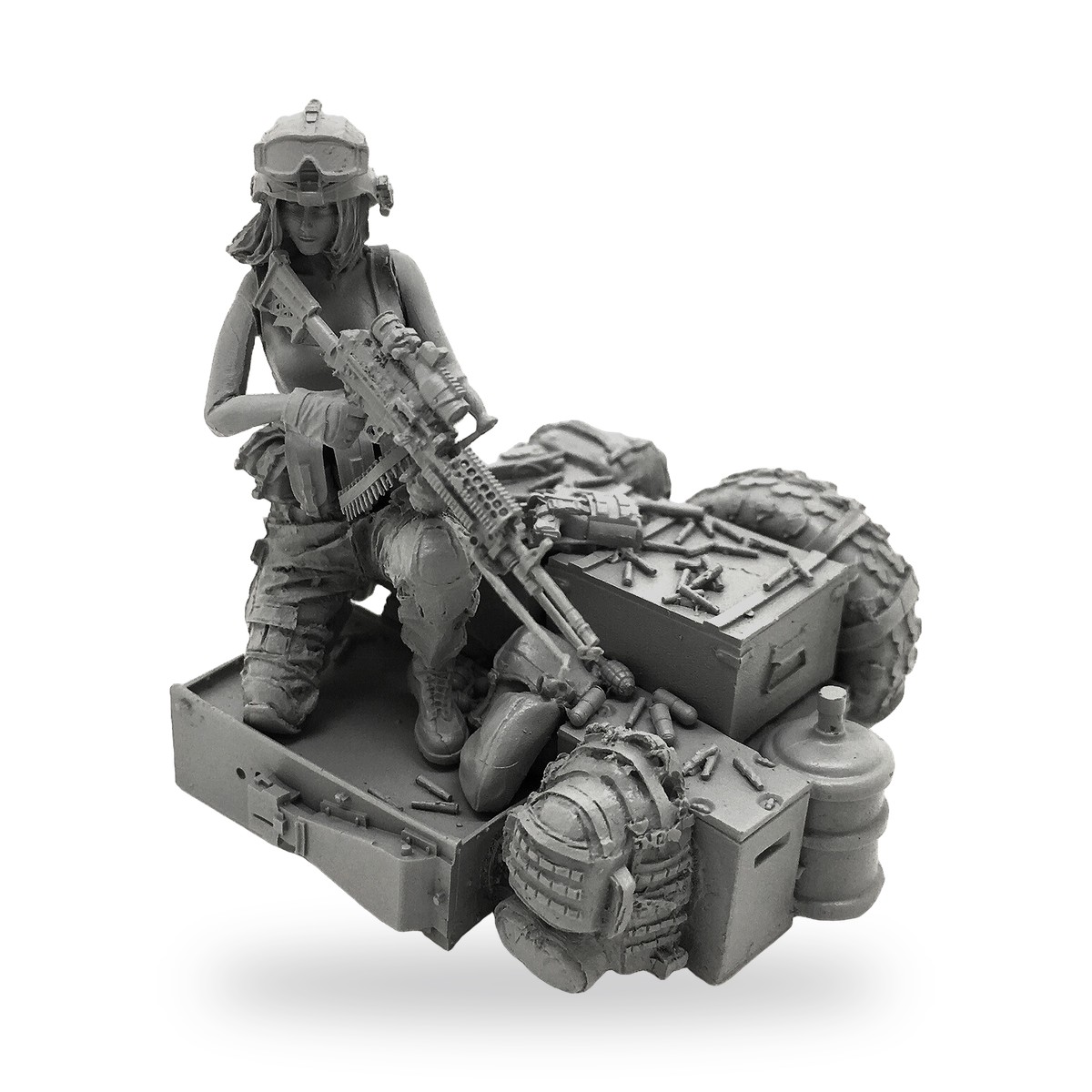 Unpainted female soldier with rifle and gear on base.