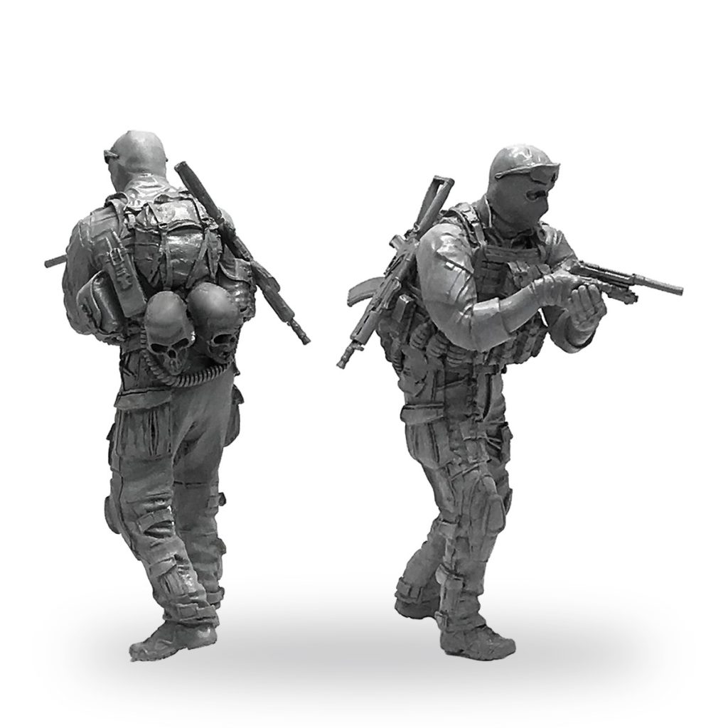 Unpainted 1/35 modern soldier in tactical gear with rifle and backpack.