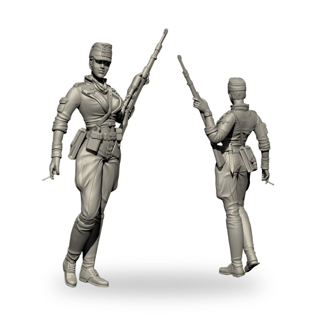 Unpainted female soldier figure holding rifle and cigarette in front view.