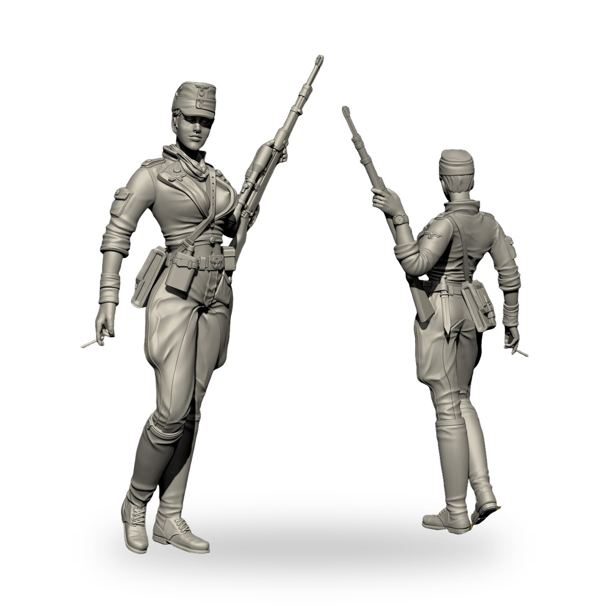 Unpainted female soldier figure holding rifle and cigarette in front view.