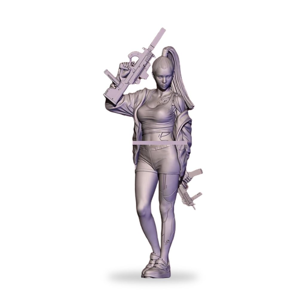 Unpainted female assassin shooter holding rifle in dynamic pose.