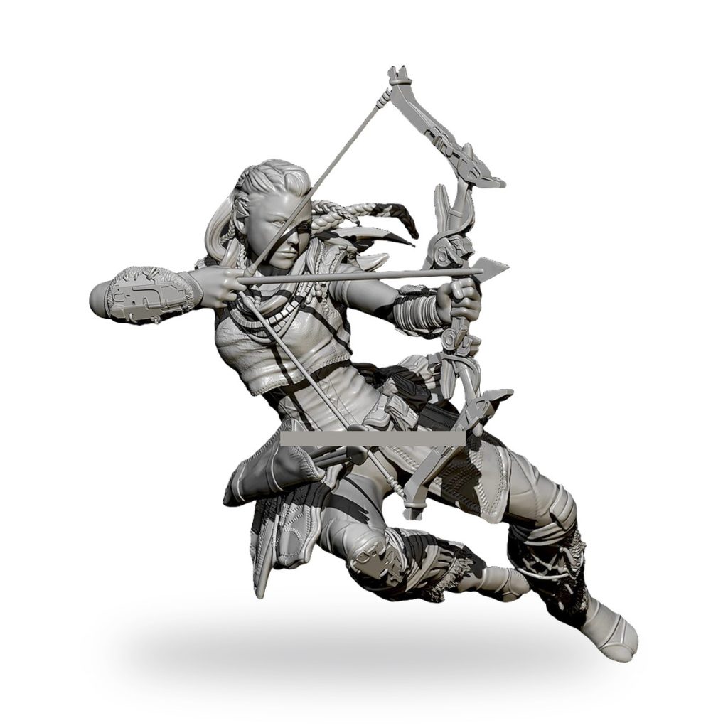 Unpainted female archer warrior in dynamic pose with bow and arrow.