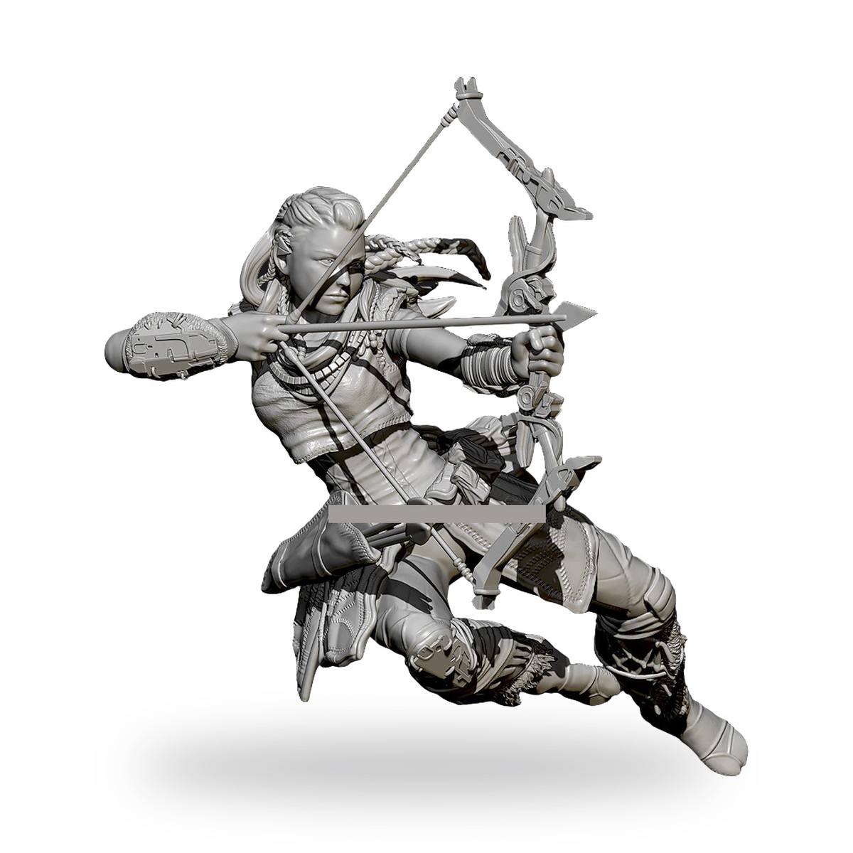 Unpainted female archer warrior in dynamic pose with bow and arrow.