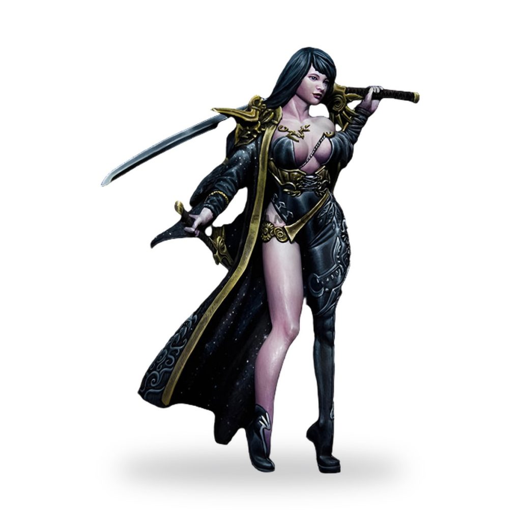 Unpainted female fantasy warrior with dual swords and ornate black-and-gold armor.