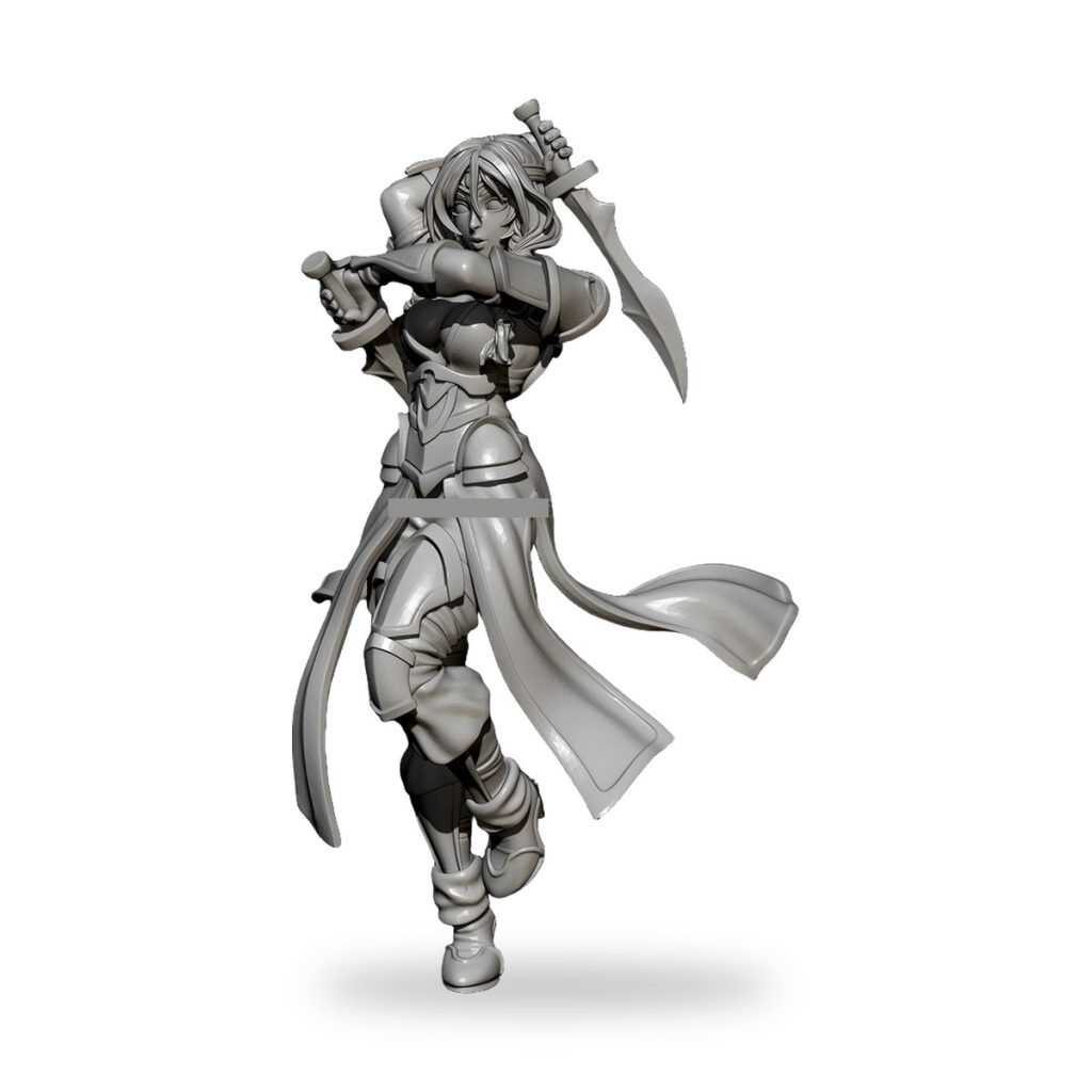 Unpainted female fantasy warrior figure wielding dual swords in dynamic pose.