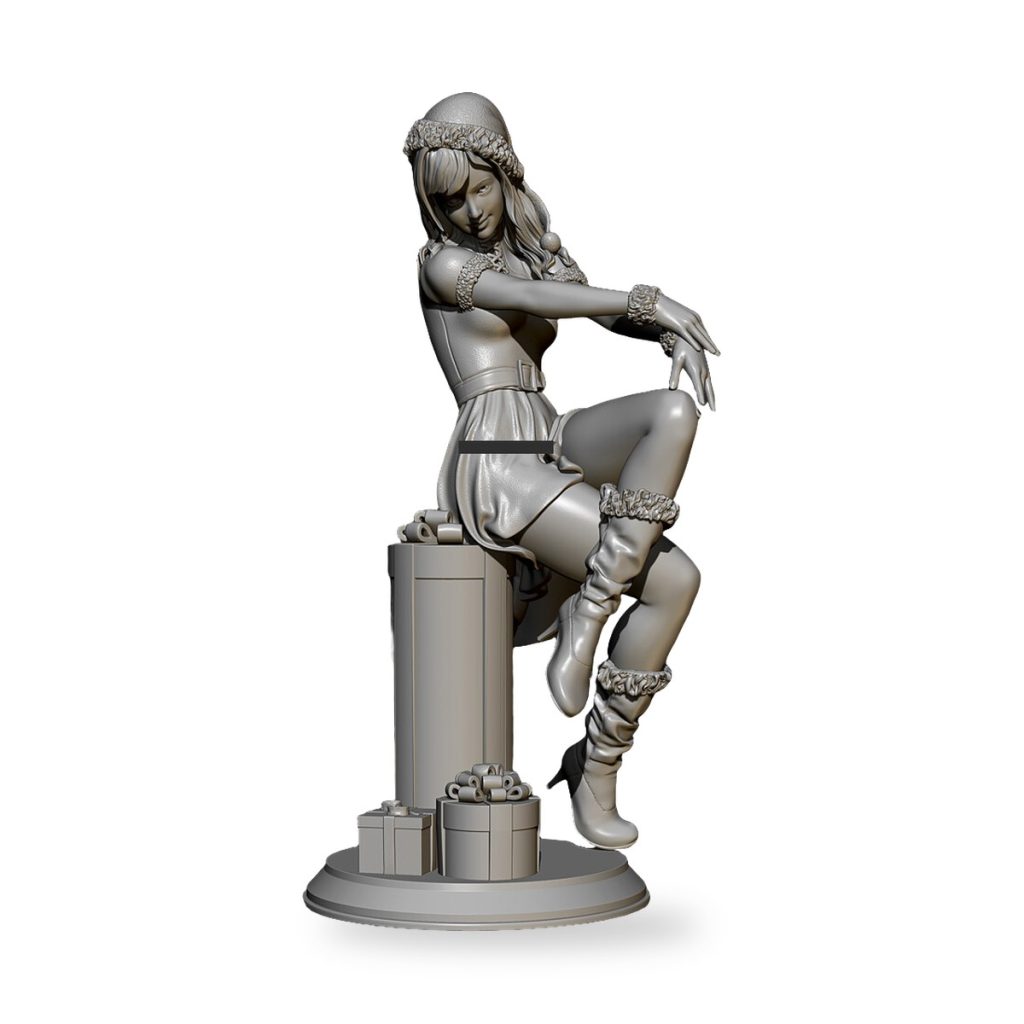 Unpainted female figure in festive attire seated on gift box with presents.