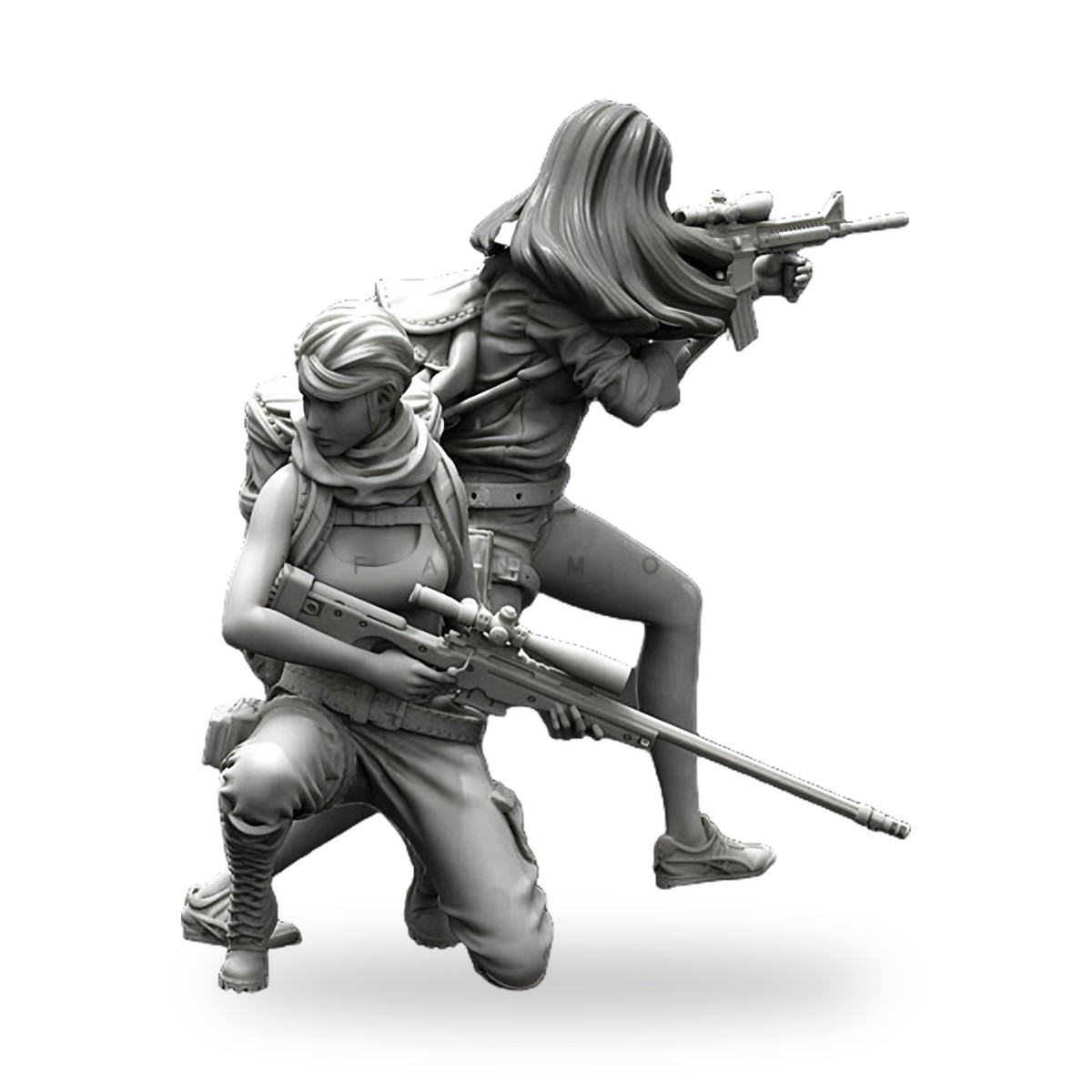 Unpainted female shooter duo in tactical gear with rifles.