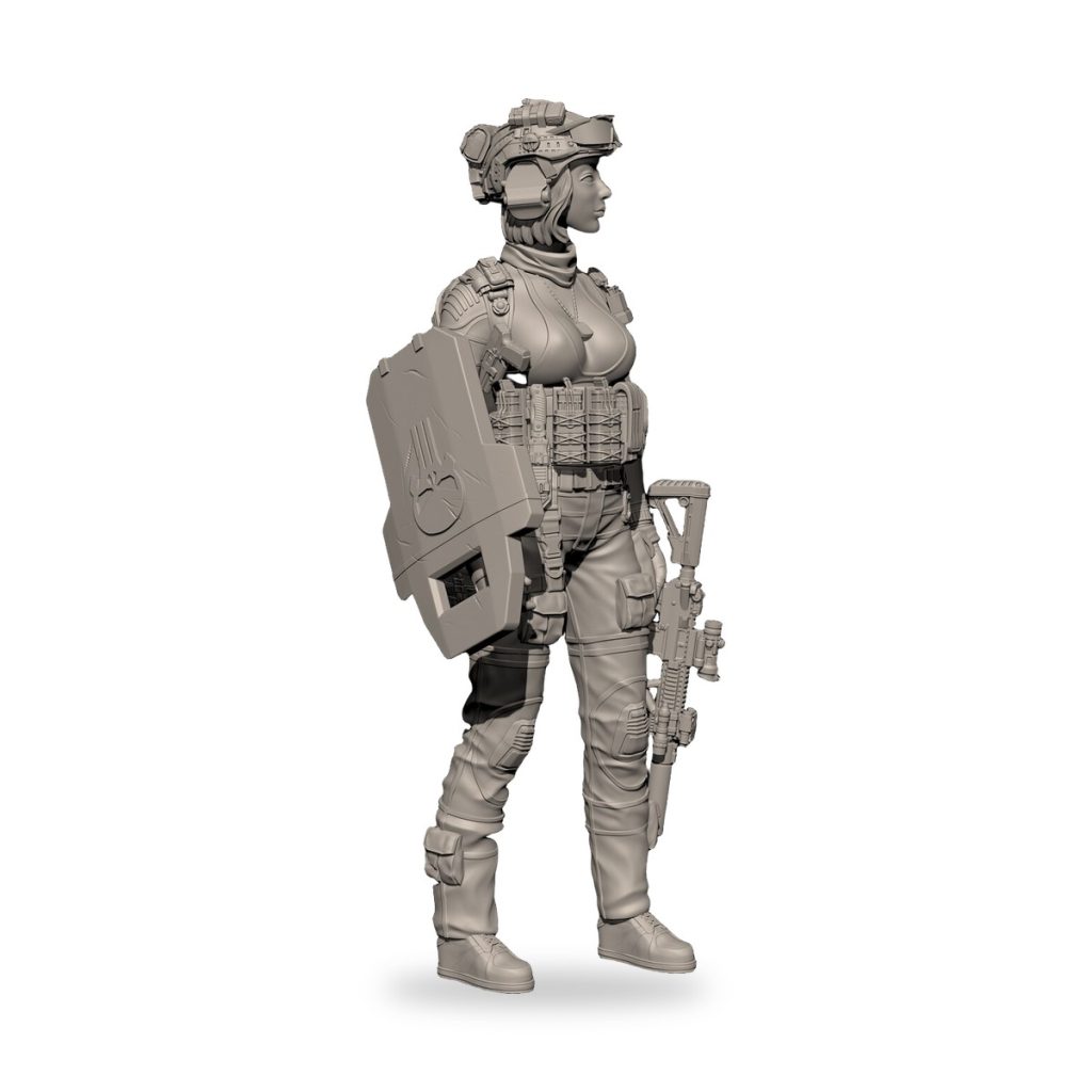 Unpainted female soldier figure with shield and assault rifle in tactical gear.