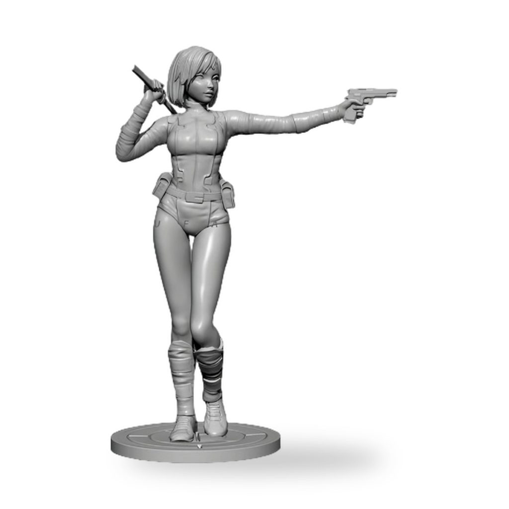 Unpainted female assassin figure holding pistol and sword on circular base.