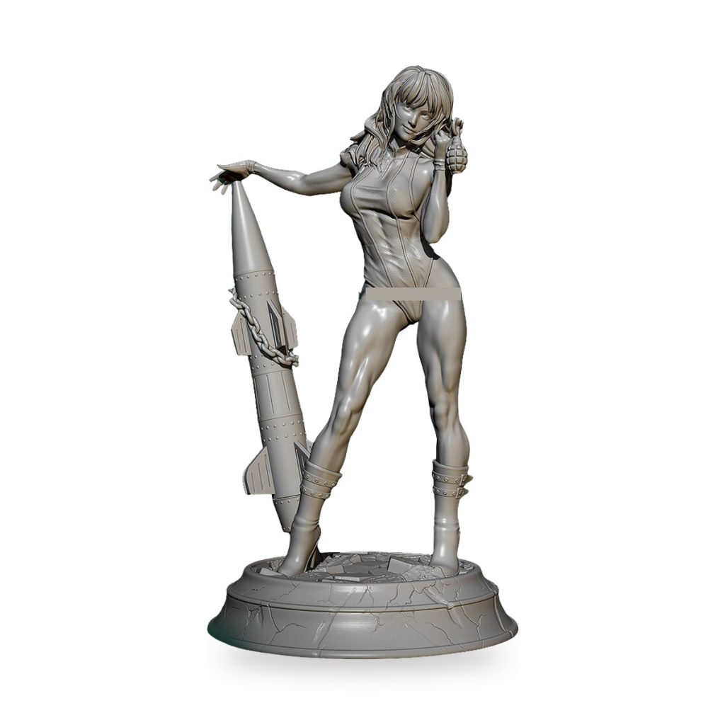 Unpainted female figure holding missile and grenade on cracked base.
