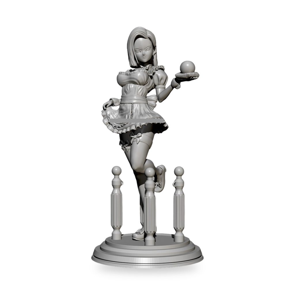 Unpainted resin figure of female maid holding ball on pedestal.