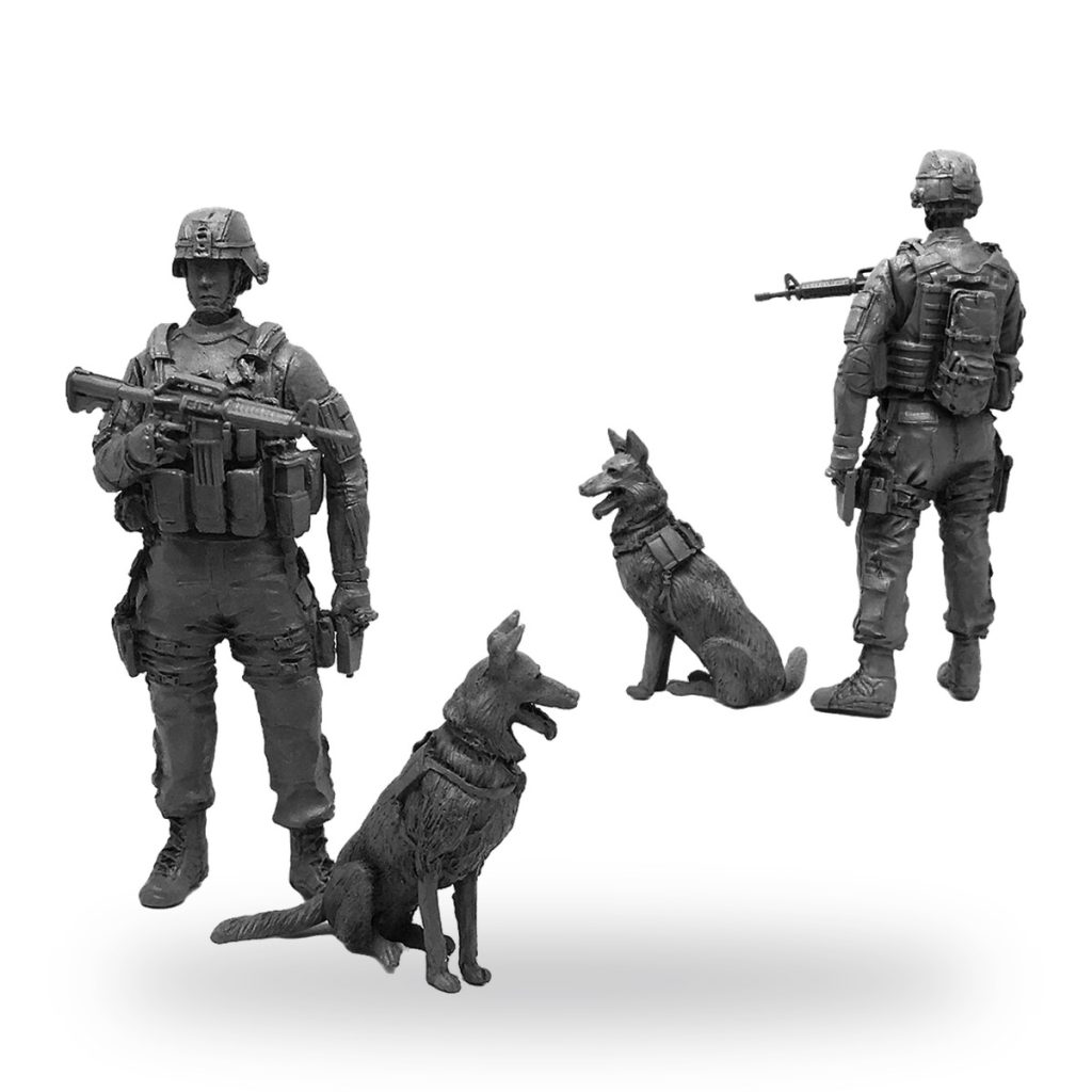 Unpainted US Navy SEAL and K9 dog action figures in tactical gear.