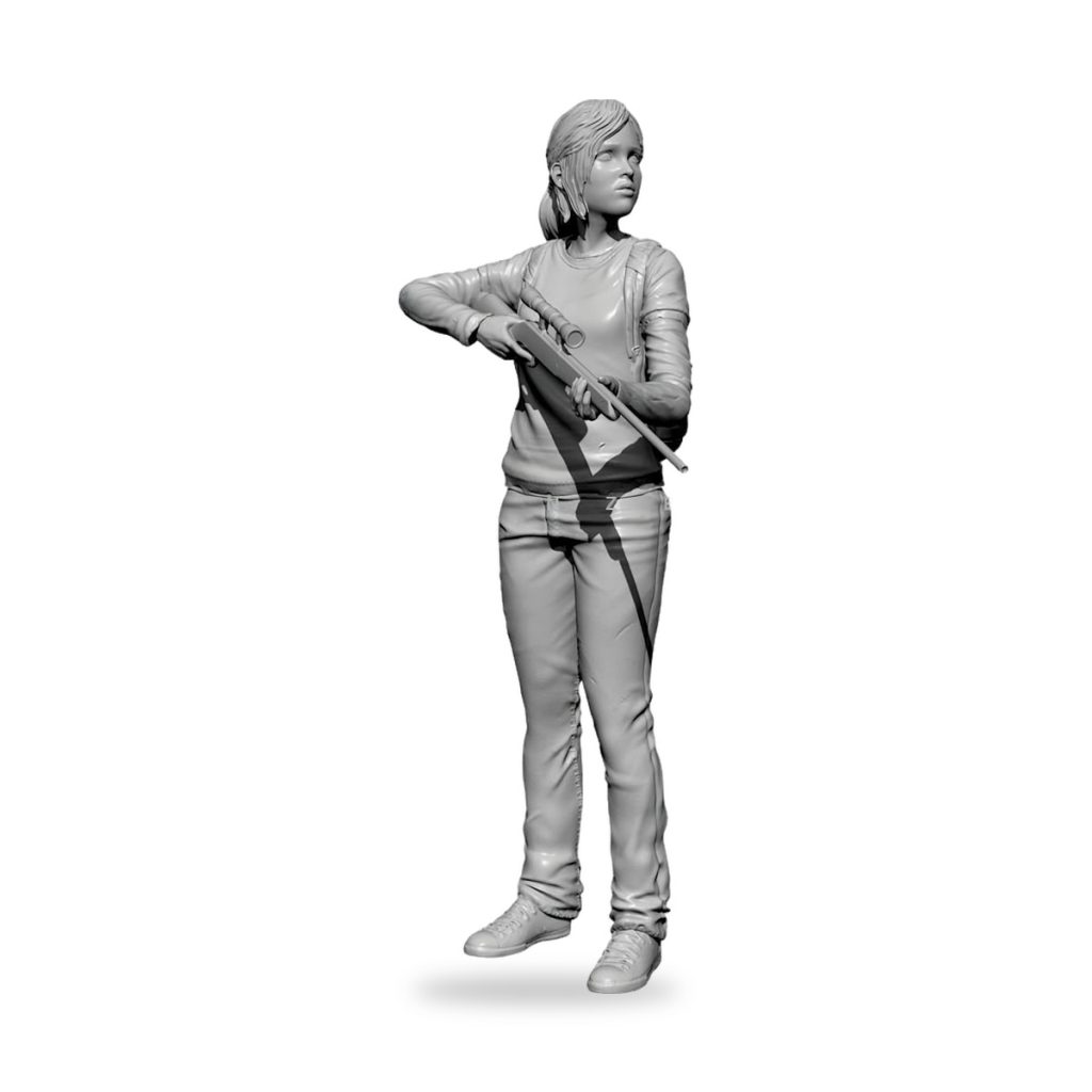 Unpainted resin figure of girl holding shotgun in zombie apocalypse pose.