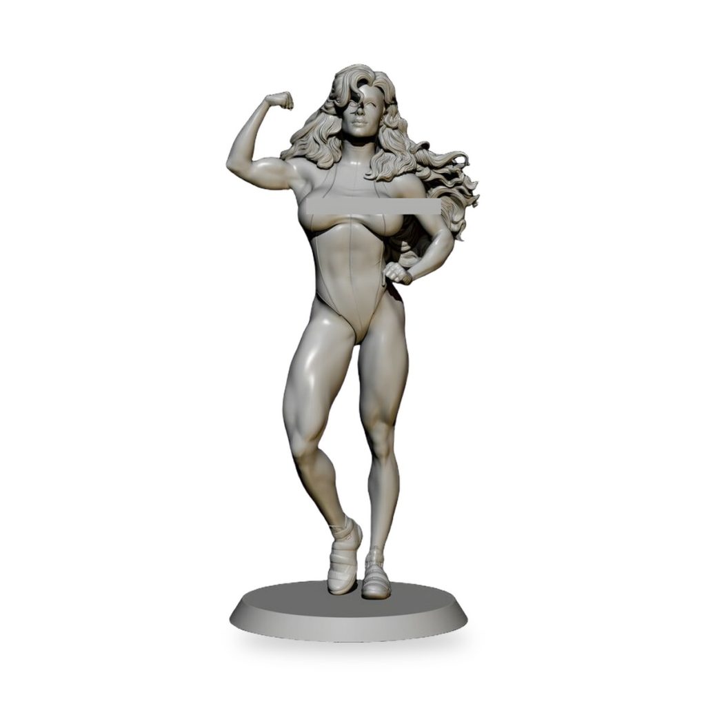 Unpainted female bodybuilder flexing bicep on circular base.