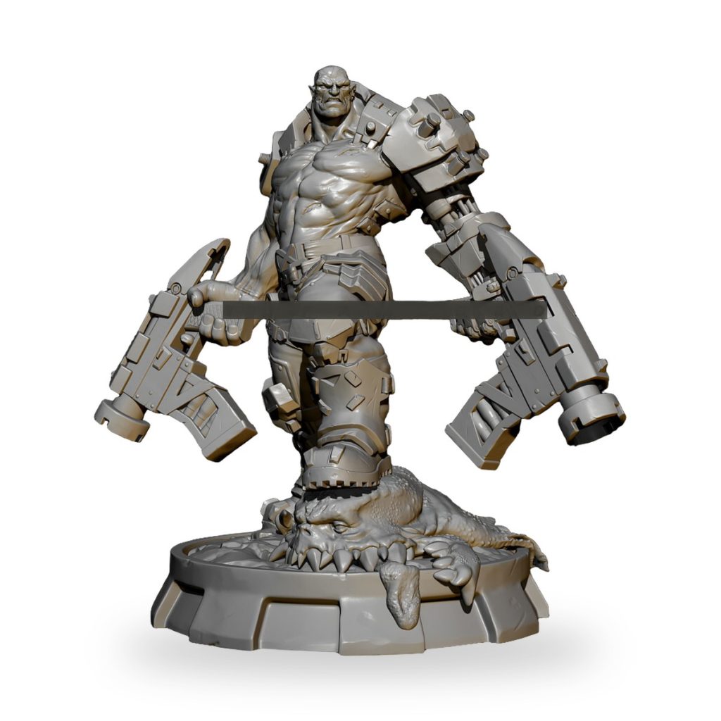 Unpainted Mad Cyborg Destroyer Overlord figure with mechanical arms and weapons on crocodile base.
