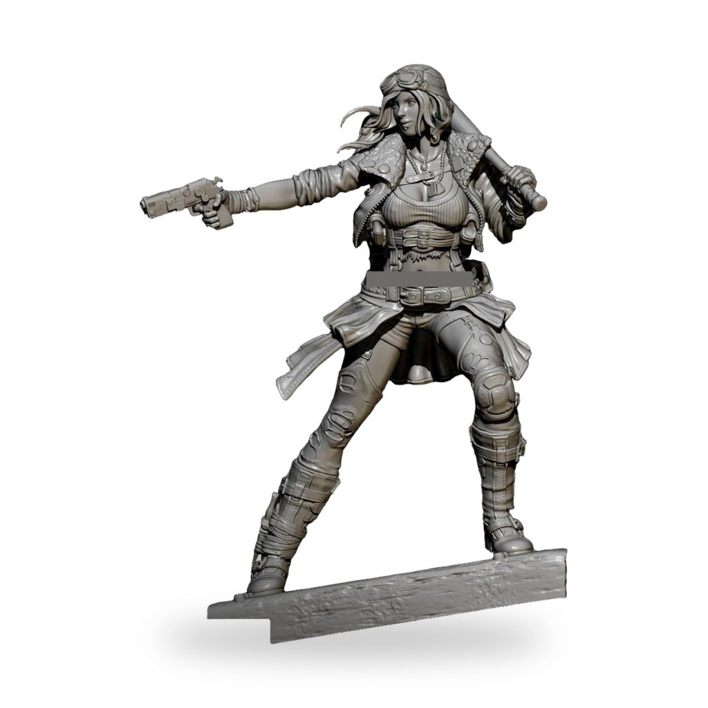 Unpainted female adventurer holding pistol and bat on wooden base.