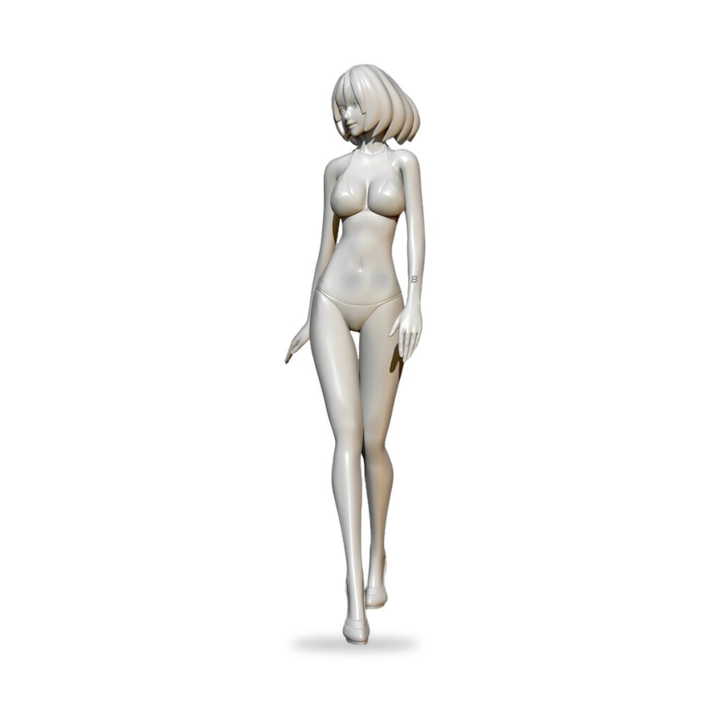 Unpainted white female figure in swimsuit walking pose with short hair and high heels.