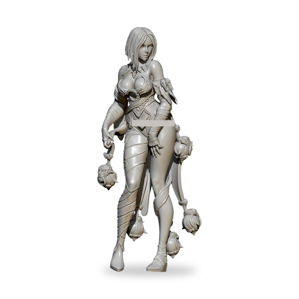 Unpainted female fantasy warrior figure with ornate armor and weapons.